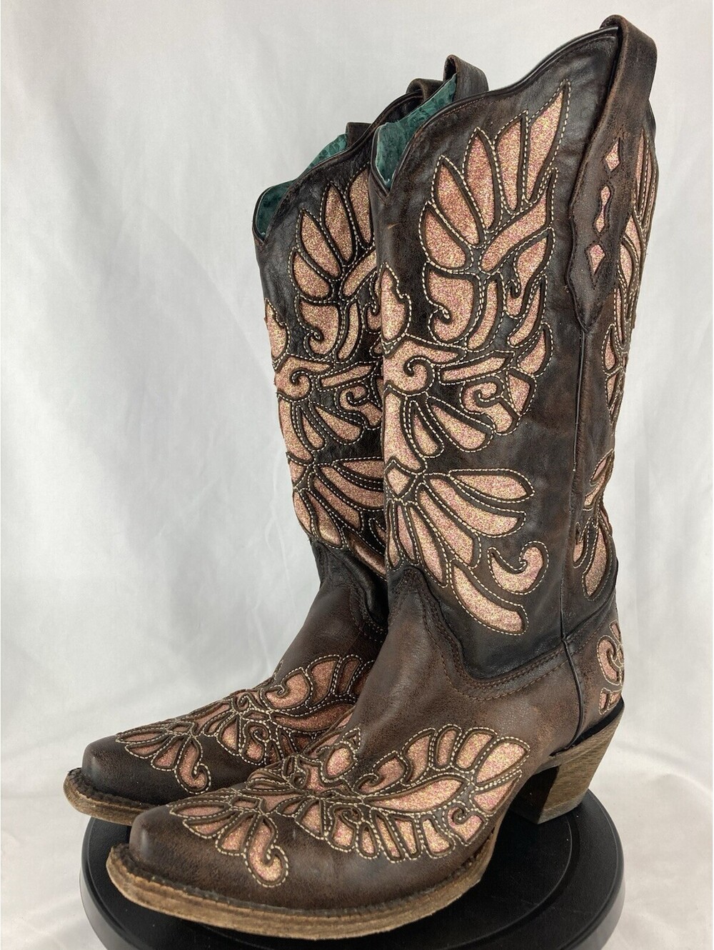 Women’s Size 9 Corral Brown Leather Pink Glitter Wing Inlay Cowboy Boots A3539